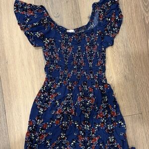 Girls Navy Blue Floral Smocked Dress